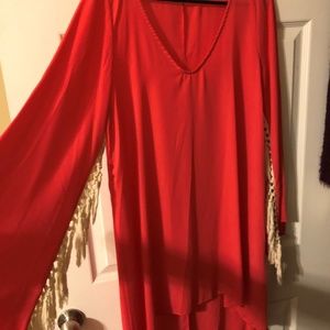 Coral Fringe Bell Sleeve Dress